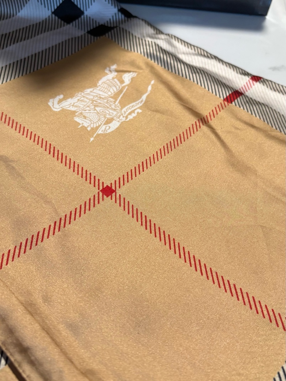 Burberry Camel Plaid Logo Silk Scarf with Red Accent - Picture 2 of 3